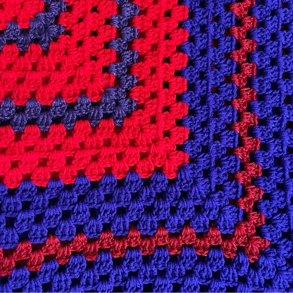 Vintage Handmade Crochet Granny Square Blanket Red Purple Metallic 47" x 47" - Picture 2 of 6